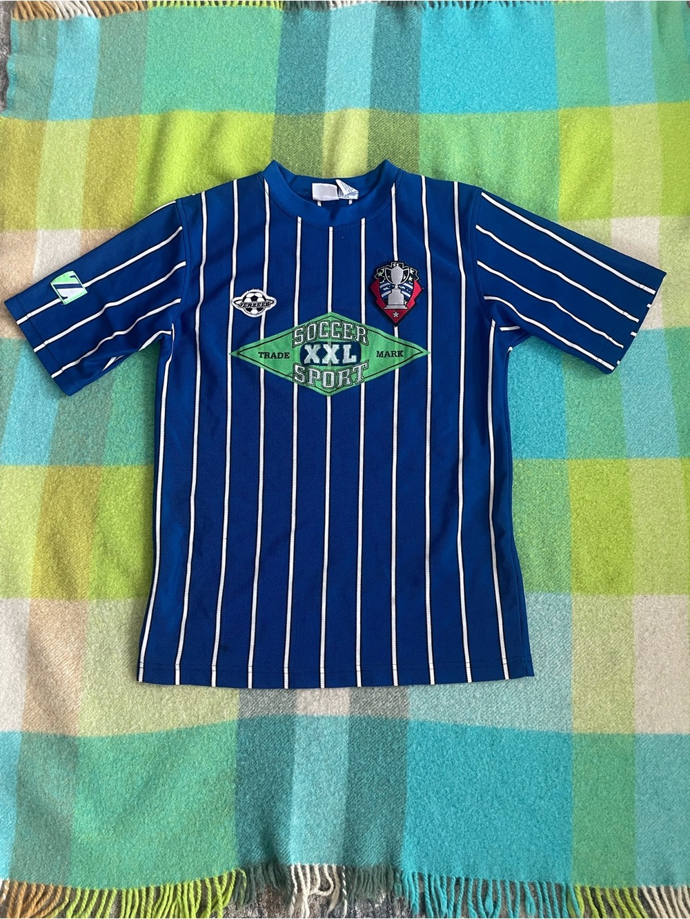 Vintage Jerzees blue striped retro soccer jersey